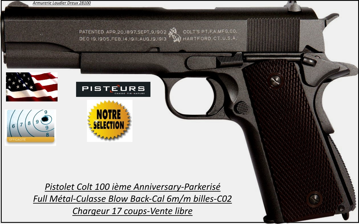 Pistolet-air-Colt-45-1911-100th Anniversary-Cal 6mm-billes-C02-culasse-blow back-cybergun-Full métal-17 coups-Collector-Ref 31535