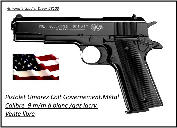 Pistolet alarme Umarex Colt 1911 Governement Bronzé -Calibre 9m/m-blanc-gaz-Ref 17516
