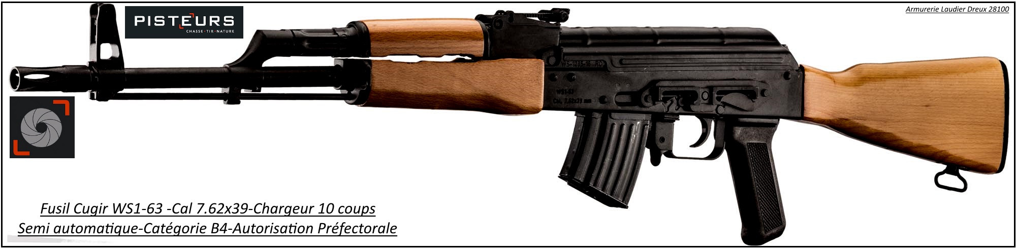 Carabine Cugir WS1-63-AK47 Semi-automatique roumaine Calibre 7,62x39 Crosse bois-Catégorie B4-Ref EA-cug110-KWS163
