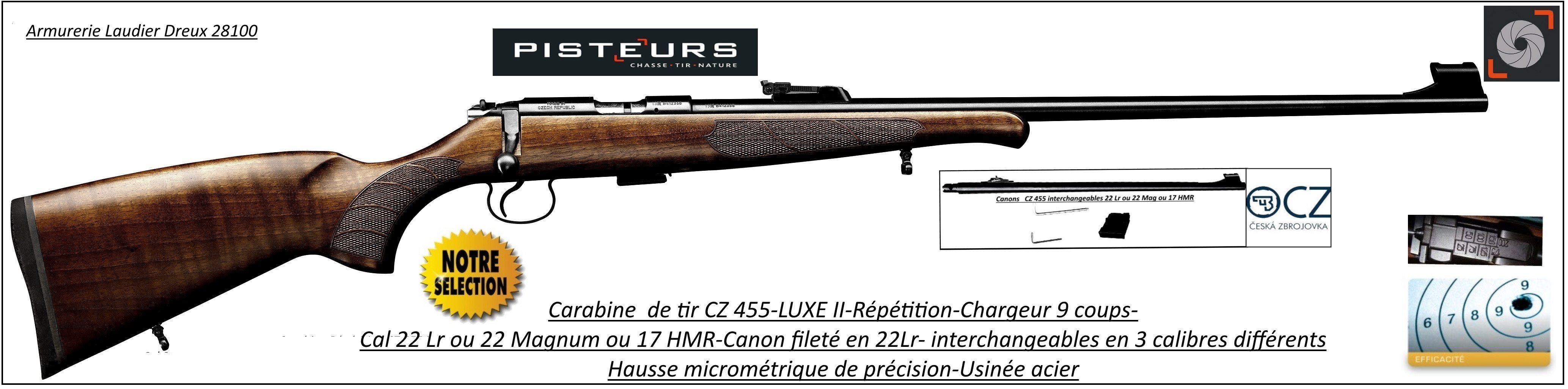 Carabines-CZ-455-Luxe II-Calibre 22 Lr -ou- 22 Magnum- ou-17 HMR-répétition-canons interchangeables-Promotion