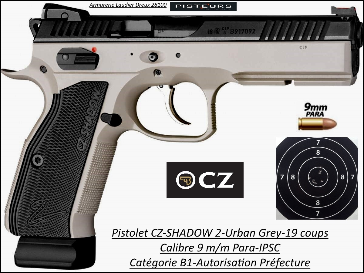 Pistolet-CZ-75-SHADOW-2-Urban-Grey-Calibre-9 Para-Semi automatique-Catégorie B1-Promotion-Avec-Autorisation-Préfectorale-B1-Ref 778229