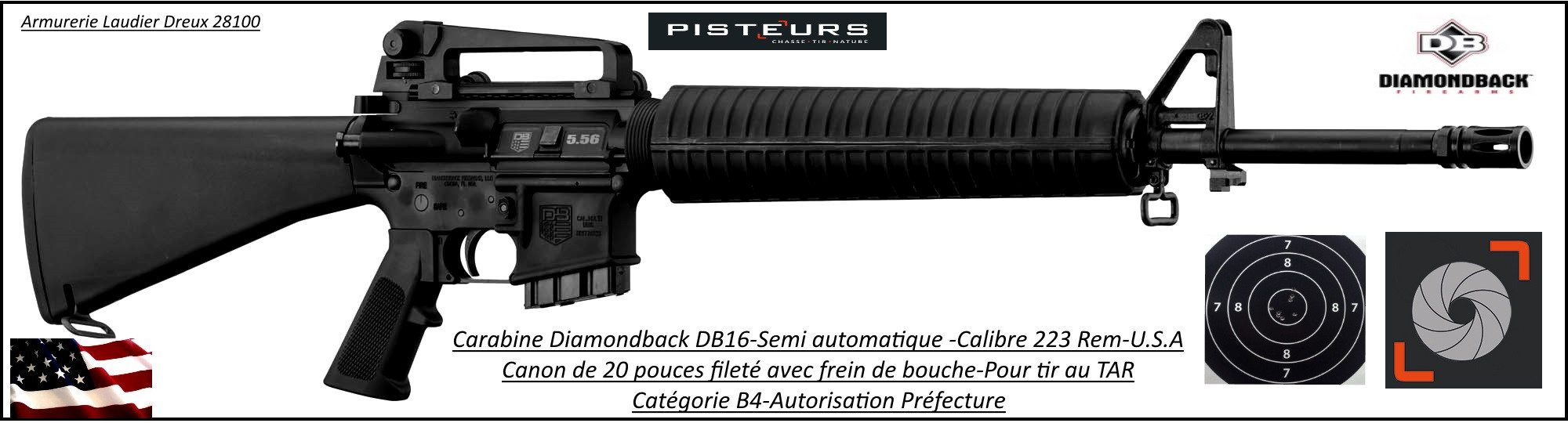 Carabine-Diamondback-DB16-Semi-automatique-U.S.A-Calibre 5.56 -223 Rem-TAR-Catégorie B4-Ref DB530-Autorisation Préfecture