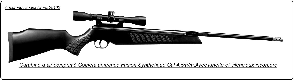 Carabine- Cometa-air comprimé- Fusion Black- Cal 4,5mm + lunette- 330m/sec- 27,23 joules-Crosse synthétique- Modérateur de son incorporé au canon-Ref 14182