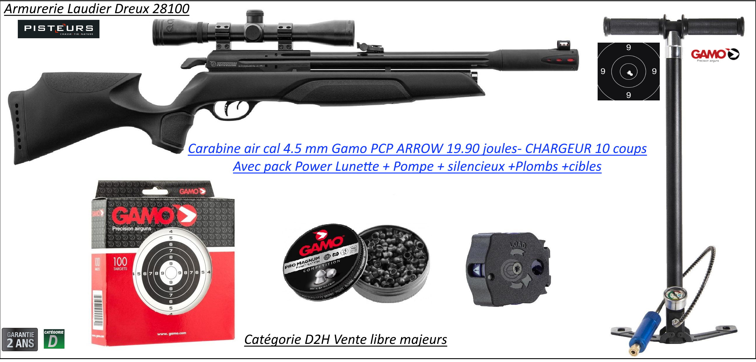 Carabine air Pré comprimé PCP Gamo ARROW Calibre 4.5m/m Puissance 19.90 joules 10 coups-Pack  POWER LUNETTE+POMPE+plombs-Promotion-Ref PCP-G1650P
