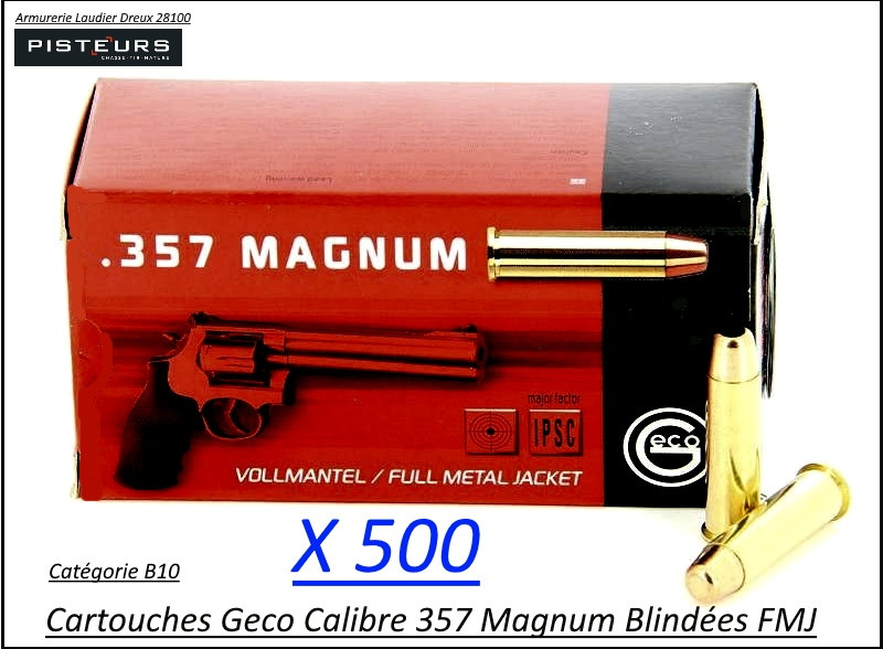 Cartouches 357 magnum Geco FMJ Blindées  Flat nose Par 500-poids 158 grs-Promotion-Ref 247-bis