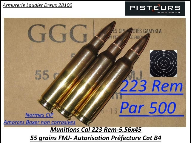 Cartouches calibre 223 rem 5.56x45 GGG FMJ blindées par 500 cartouches CIP poids 55 grains -Promotion-Ref ggg-5.56x45-500