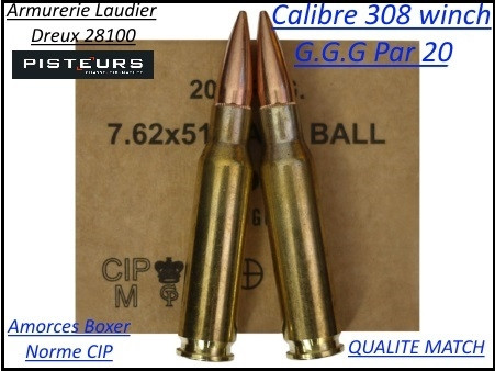 Cartouches calibre 308 winch GGG CIP (7.62x51) poids147 grains FMJ blindées par 20 cartouches-Promotion-Ref ggg 308w-20