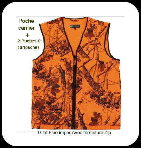 Gilet battue orange fluo et camoufle.Traité pour pluie.+Poche carnier+2 poches munitions+poches permis. Taille "L" .Ref 4245 DH waistcoat.