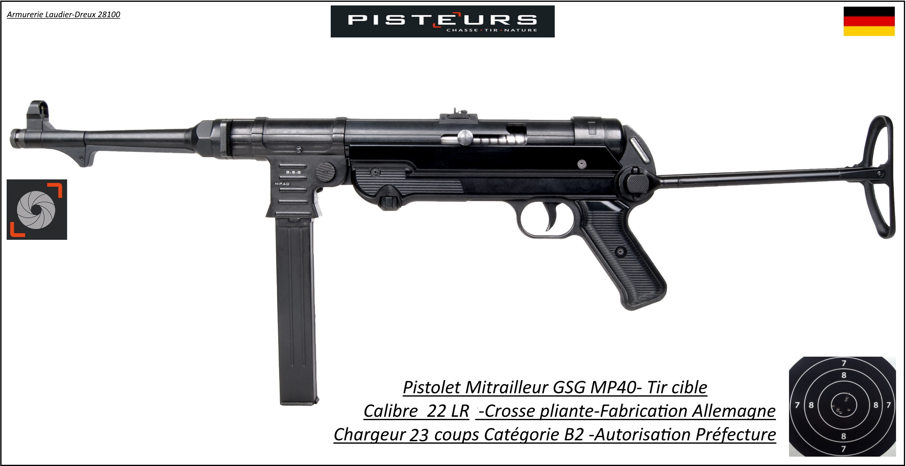 Pistolet mitrailleur GSG MP40 Calibre 22LR Catégorie B2-Ref GSG22-Autorisation Préfecture