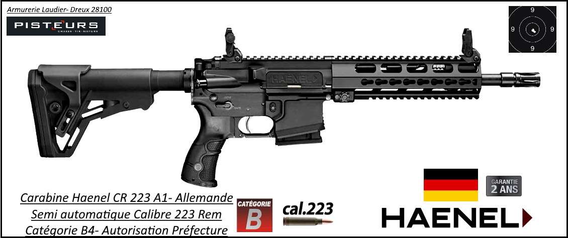 Carabine Haenel Calibre 223 rem CR 223 A1  couleur noire semi-automatique crosse télescopique-Canon10.5 pouces DETENTE MATCH-Avec-Autorisation-Préfectorale-B4-Ref  haenel-cr223-noire-10.5
