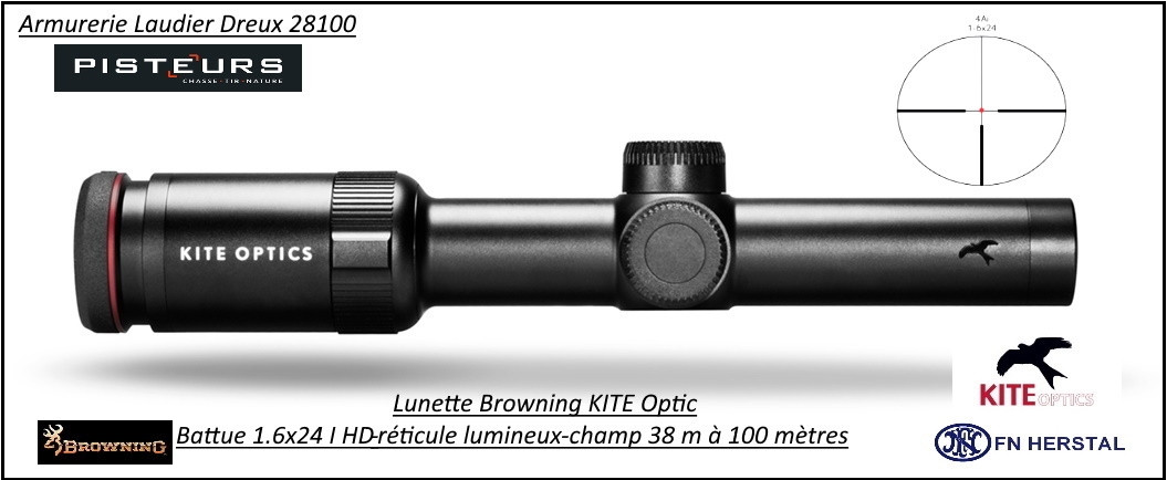 Lunette KITE OPTICS K6 Battue-1-6x24I HD Réticule lumineux-grand champ- 38m à 100 mètres -Ref  kite-1624-K282387