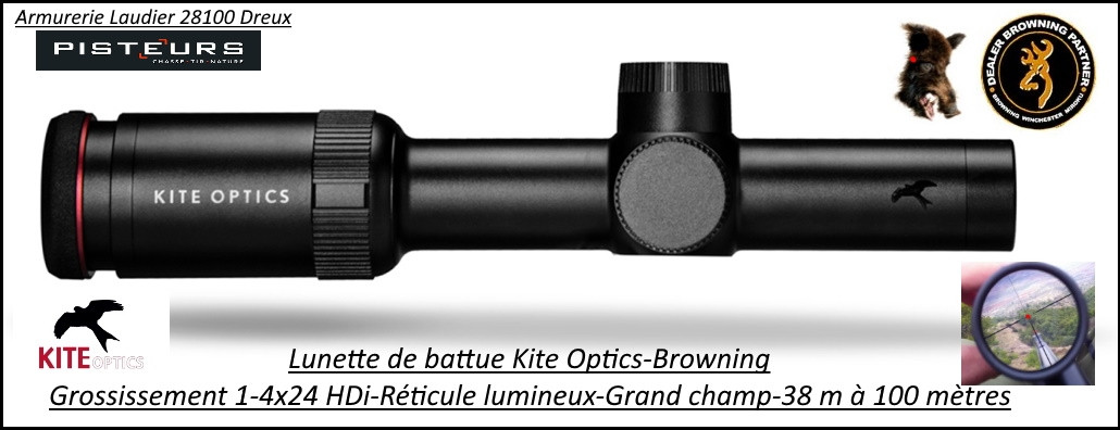 Lunette KITE OPTICS Battue K4 -1-4x24 HDi Réticule lumineux-grand champ- 38m à 100 mètres -Ref  kite-K282332