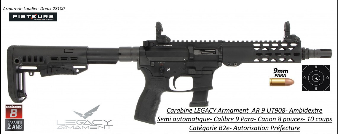 Carabine LEGACY Armament AR 9 UT508 Calibre 9 para canon 8 pouces Semi automatique -Catégorie B2e-Ref PAAR98