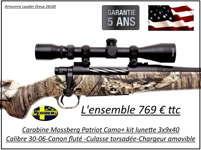 Carabine-Mossberg-Patriot-Camouflée-Calibre 30-06-Répétition+Pack Lunette  3x9x40-Promotion-Ref 27668