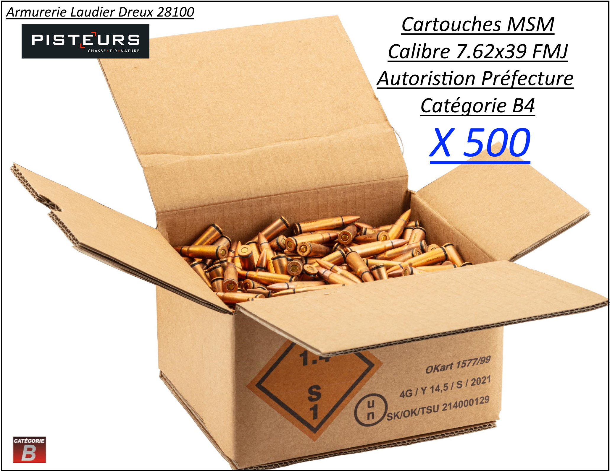 Cartouches MSM 7.62x39 Surplus CIP 124 grains FMJ-8.04gr- Par 500 cartouches-Promotion-Ref MR950