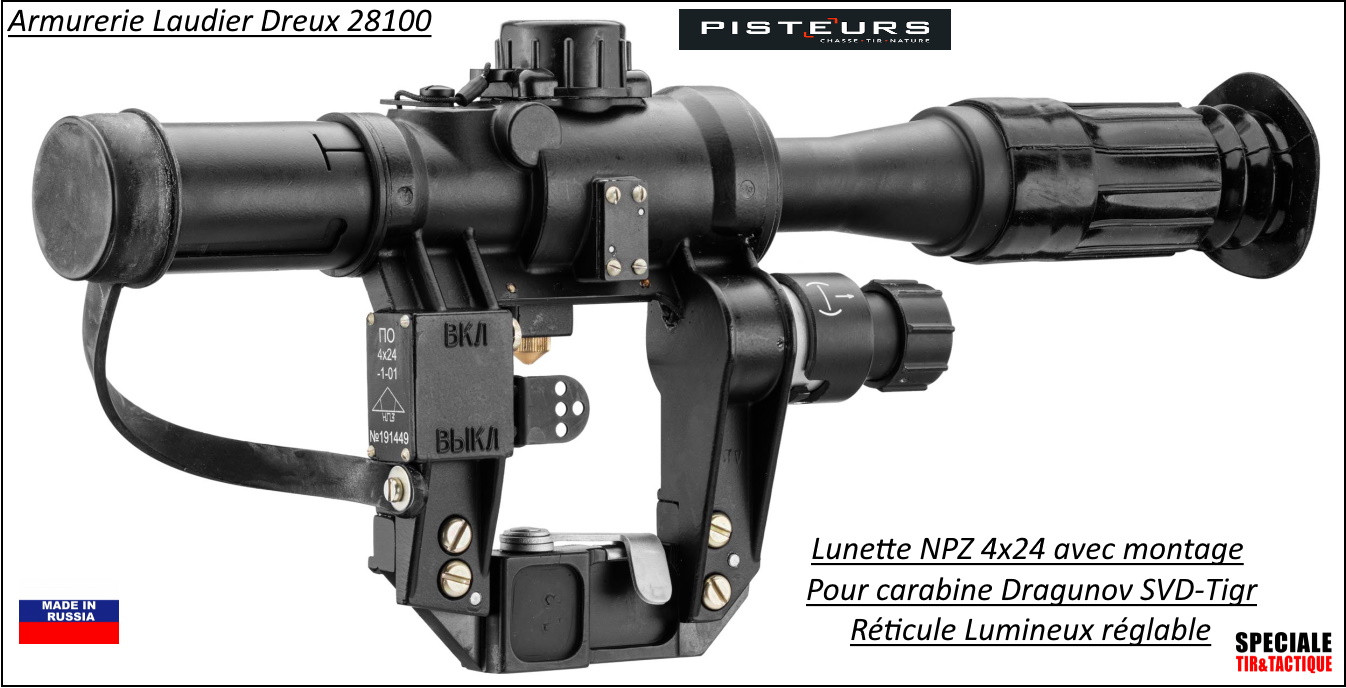 Lunette de tir NPZ pour Dragunov SVD Tigr grossissement 4x24 Réticule lumineux avec montage-ref NP105