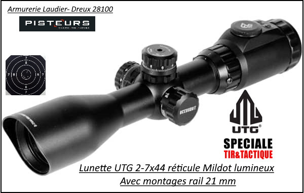 Lunette tir UTG 2-7x44 Mildot Réticules lumineux multicolores avec montages-Ref  EA-OP6714