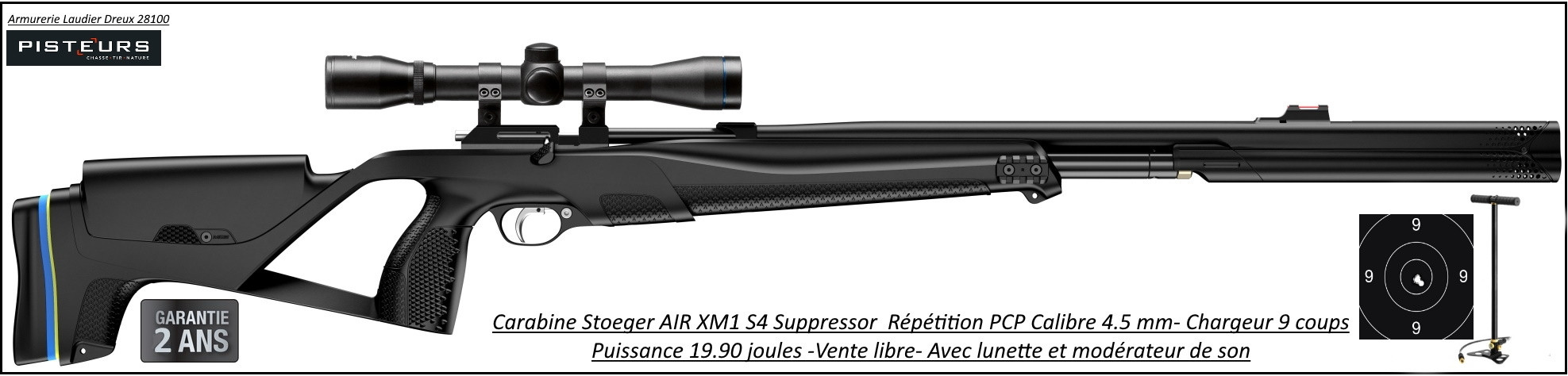 Carabine Stoeger Air PCP XM1 -S4 Suppressor Calibre 4.5mm 19,90 joules pack lunette -Promotion-Ref stoeger-XM1-S4-PCP-combo