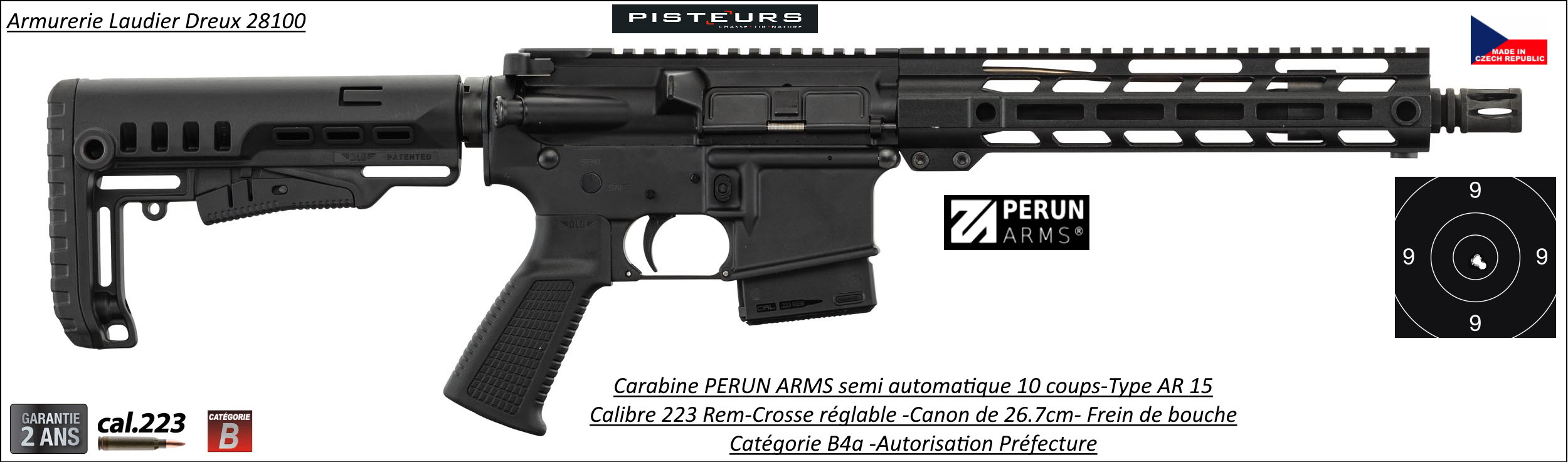 Carabine Perun Arms AR15 M-Lock  10.5"Calibre 5.56 -223 Rem Semi automatique-Catégorie B4-Ref PER100