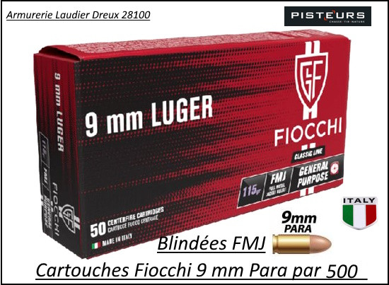 Cartouches Fiocchi 9 para-FMJ-Blindées-Par 500-Promotion-Ref FI709353
