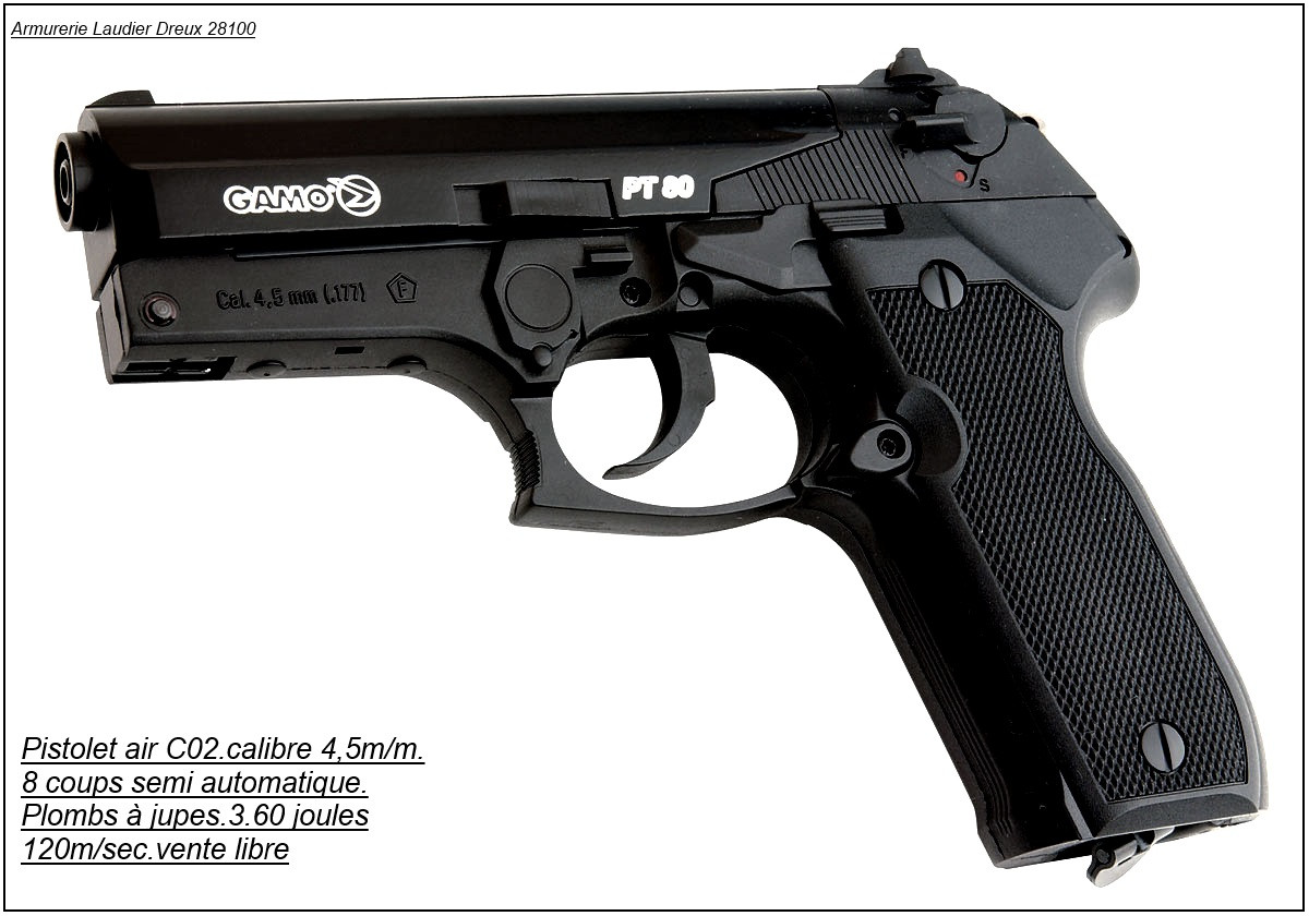Pistolet GAMO PT 80 CO2- Calibre 4.5mm-  8coups.Ref 7090