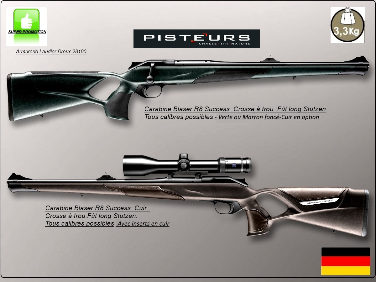 Carabines-Blaser-R8 -Modèle-"SUCCESS Stutzen"- Fût long-Avec inserts cuir- Cal 300 winch mag-Couleur-Marron-foncé-Chargeur amovible-"Promotion-5695.ttc"-Ref 15498/d-cuir