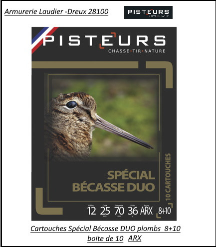 Cartouches Pisteurs chasse  spécial Bécasses DUO Calibre 12/70  36gr-Numéro 8 et 10 plombs mélangés -Ref 40817