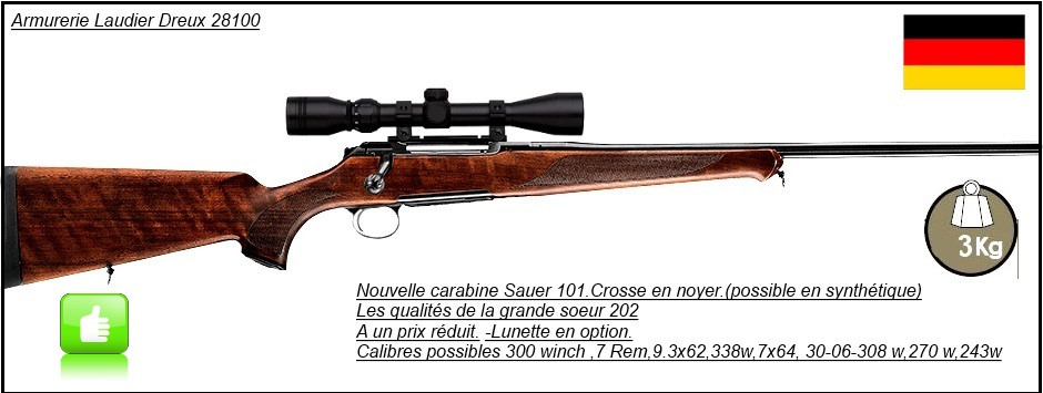 Carabines-Sauer-101 -Répétition- crosse noyer- Cal 243 winch-ou 270 winch -ou 300 winch mag- ou 7x64 ,ou7 Rem mag-ou-9.3x62-