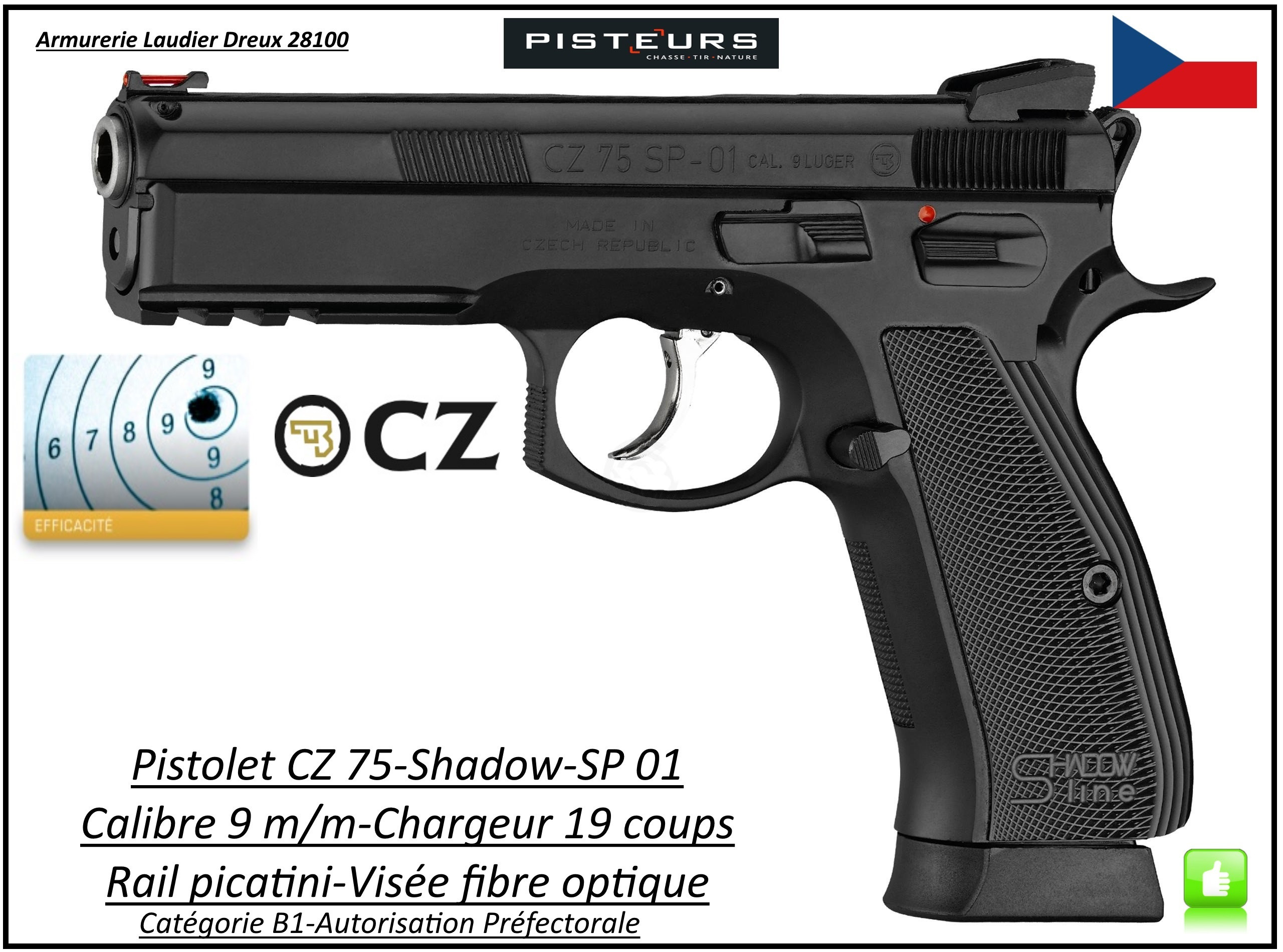 Pistolet CZ 75 SHADOW SP01 Calibre9 Para Semi automatique-Catégorie B1-Promotion-Avec-Autorisation-Préfectorale-B1-Ref 768354