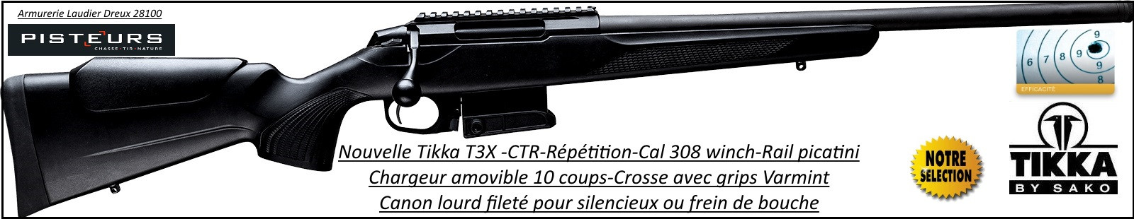 Carabine Tikka Tactical T3X TCR compact Calibre-308 winch-Répétition-Canon-fileté-pour-silencieux-ou-frein de bouche-Promotion-Ref 28489