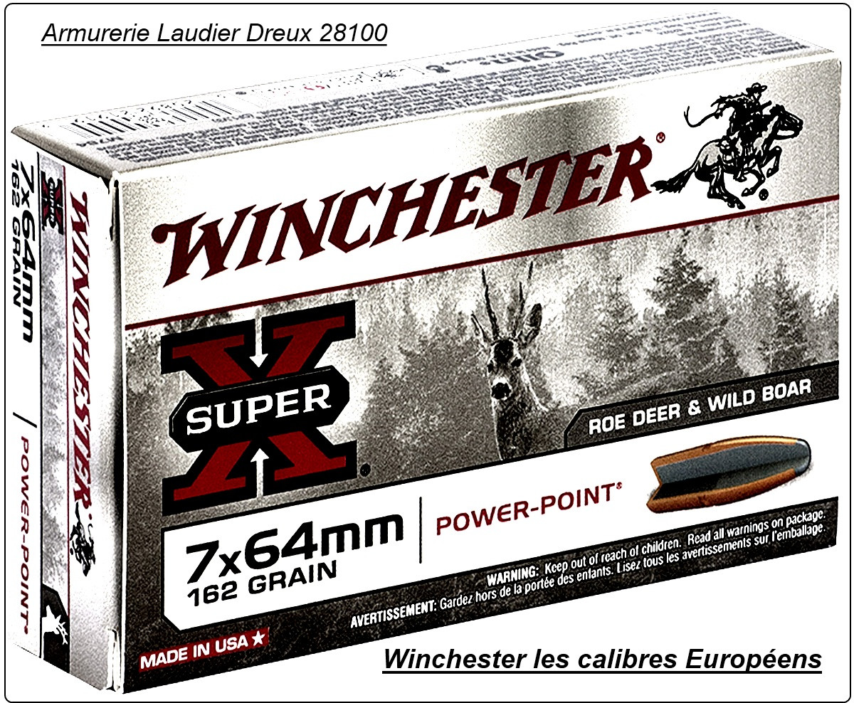 Cartouches grande chasse Winchester.EUROPE. Cal: 7x64,ou 8,57 Jrs,ou 9,3x74R,ou 9,3x62  (boite de 20) .Type Power point."Promotions".
