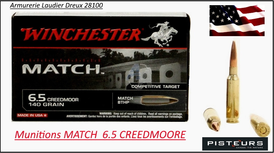 Cartouches Winchester MATCH TIR Calibre 6.5 Creedmoore -Type Match BTHP.9.07 gr.(140 grains-boite de 20) -Ref 32954