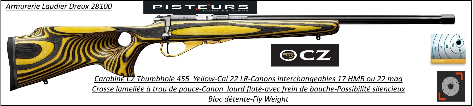 Carabine CZ 455 THUMBOLE yellow Calibre 22 LR Répétition-Promotion- R778687