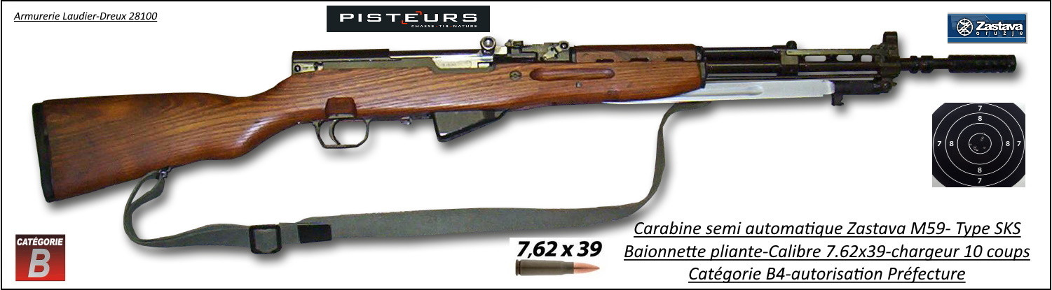 Carabine Semi automatique Zastava M59/66 SKS surplus-Calibre 7.62x39-Catégorie B4-Ref 41839