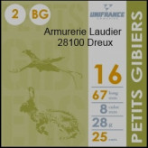 Cartouches de chasse-- Unifrance--"Petits Gibiers".--Cal 16/67--.Bourres grasse.28 gr.Plombs n° 5-6-7,5-8.