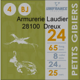 Cartouches de chasse-- Unifrance--"Petits Gibiers".--Cal 24/65--.Bourres Jupe.24 gr.Plomb n° 4-6-7,5.