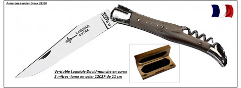 Couteau -Laguiole-David-Artisan Français-de poche-Manche en Corne+ Tire bouchon-Lame 12cg27-Long: 11 cm-En coffret-R 15510.