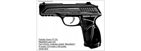 Pistolet Gamo PT 85 BLOW BACK Calibre 4.5mm- Culasse mobile. 8 coups."Promotion"Ref 16417
