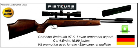 Carabine Weihrauch Hw97K Calibre 4.5mm Air comprimé  Levier d'armement sous canon + Silencieux +  lunette 3x9x40+mallette -19.99 joules-Promotion-Ref 1660