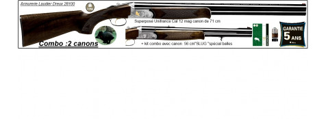 Superposé Unifrance LINCOLN.Cal 12 mag. Kit combo avec 2 canons 71 cm +canon 56 cm SLUG spécial balles.Ref 19356