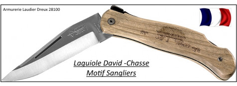 Laguiole chasse-CUBE- Genes DAVID-Véritable laguiole-olivier-Lame 10 cm-Gravure sangliers-Ref 21966