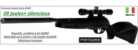 Carabine air comprimé Gamo Black Bull Calibre-4.5m/m Avec silencieux 29 joules+ kit lunette 4x32 WR-Promotion-Ref 24091
