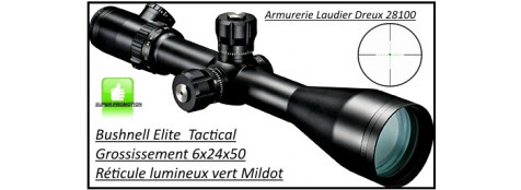 Lunette Elite Tactical Bushnell Grossissement 6x24 x 50 Réticule lumineux vert- Mildot-Promotion-Ref 24364