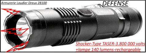 Appareil défense électrique shocker Lampe de poche 140 lumens+shocker- 3 Millions 800 000 volts- rechargeable sur secteur -Promotion-Ref 27207