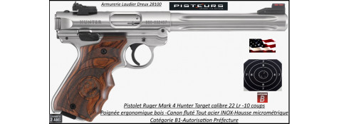 Pistolet Ruger Mark 4  Hunter Target INOX Calibre 22 Lr Semi automatique Canon175 mm-Chargeur 10 coups-Catégorie B1-Autorisation Préfectorale-Promotion-Ref 32037