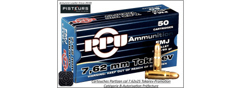 Cartouches Partizan calibre7,62x25 Tokarev 85-grains FMJ boite 50-catégorie B-Promotion-Ref 32345