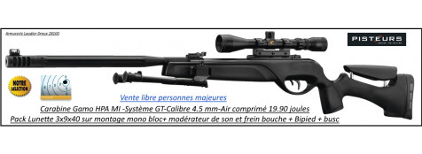 Carabine GAMO HPA MI IGT Air comprimé Calibre 4.5mm 19,90 joules pack lunette et bipied et modérateur de son -Promotion-Ref 33728