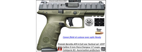 Pistolet Beretta APX VERT Calibre 9 Para Canon fileté -Optic Ready Semi automatique-Catégorie B1-Promotion-Ref 33870
