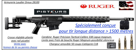 Carabine Ruger Précision rifle Calibre 338 Lapua Magnum  Répétition Crosse réglable-pliante sur le coté-rails picatini +Frein bouche Ruger Magnum-Promotion-Ref 32502160