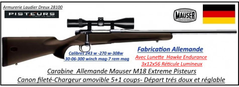 Mauser M18 Extreme Pisteurs Calibre 243 winch avec lunette 3x12x56 reticule lumineux composite marron Pack Pisteurs répétition Canon fileté -Promotion-Ref 35692